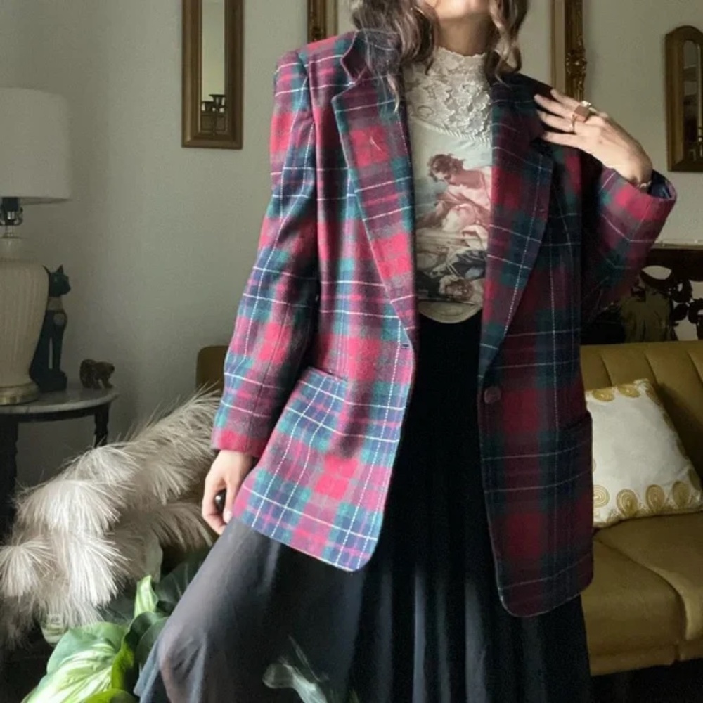 Vintage Wool Plaid Oversized Blazer SZ 14